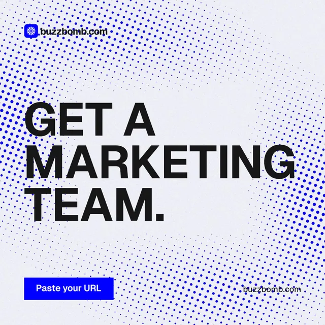 Instagram post for BuzzBomb: "Get a marketing team." Swiss style, poster layout, light palette in blue, white, grey.