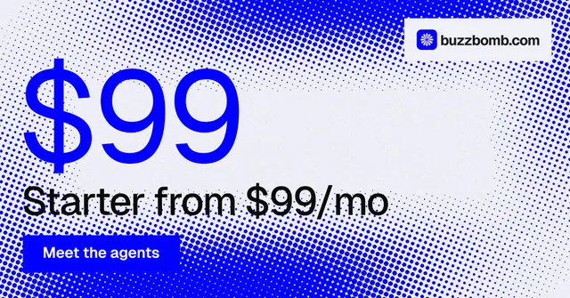 Social ad for BuzzBomb: "Paste your URL." Swiss style, stat layout, light palette in blue, white.