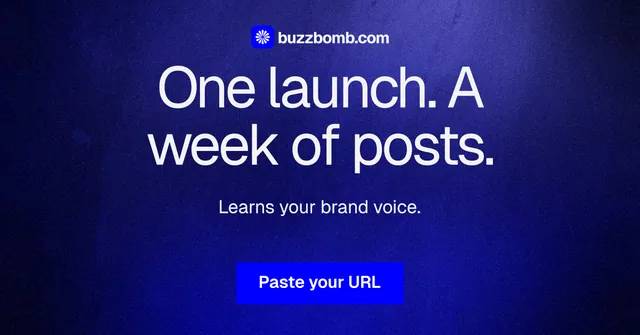 Social ad for BuzzBomb: "One launch. A week of posts." Swiss style, centred layout, dark palette in blue.