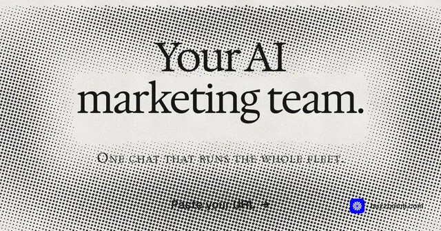 Social ad for BuzzBomb: "Your AI marketing team." Swiss style, smallcaps layout, light palette in grey, white.