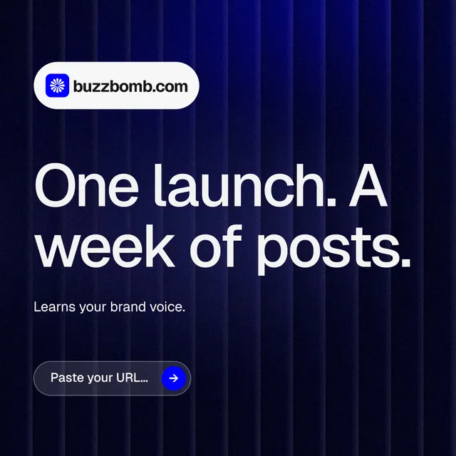 Instagram post for BuzzBomb: "One launch. A week of posts." Agentic glass style, announce layout, dark palette in blue, black, grey.
