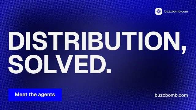 Landscape graphic for BuzzBomb: "Distribution, solved." Swiss style, poster layout, dark palette in blue, white.