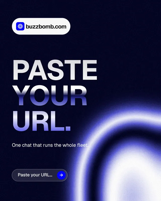Instagram portrait post for BuzzBomb: "Paste your URL." Agentic glass style, announce layout, dark palette in black, blue.