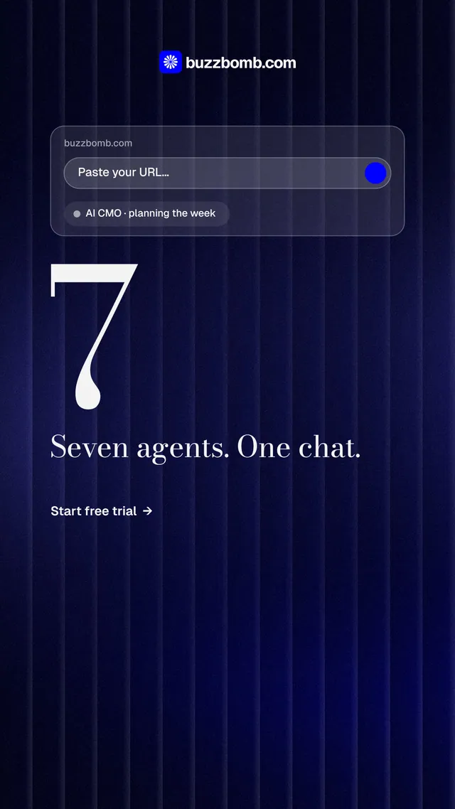 Instagram story for BuzzBomb: "One launch. A week of posts." Minimal luxury style, stat layout, dark palette in blue, black.