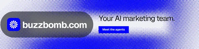 LinkedIn banner for BuzzBomb: "Your AI marketing team." Split block style, logo hero layout, light palette in blue.