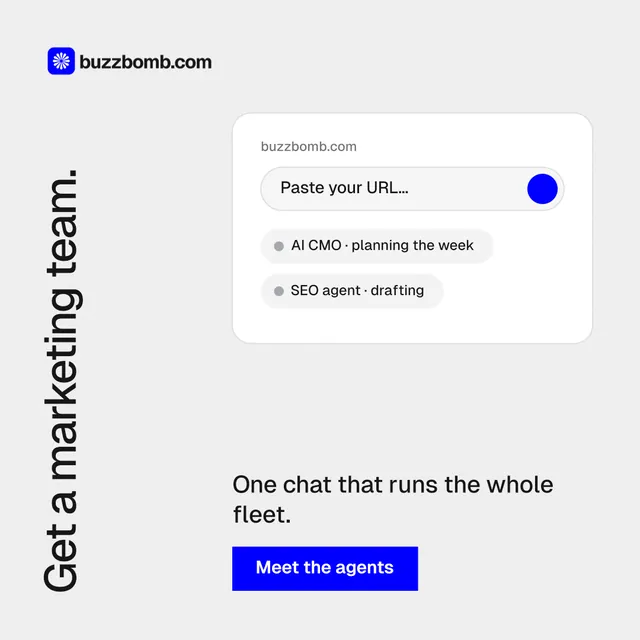 Instagram post for BuzzBomb: "Get a marketing team." Swiss style, vertical layout, light palette in white, blue.