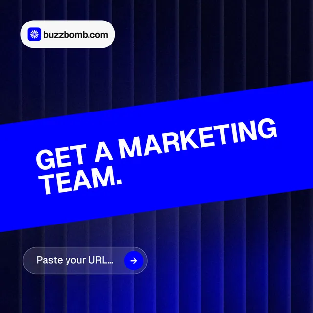 Instagram post for BuzzBomb: "Get a marketing team." Agentic glass style, diagonal layout, dark palette in blue.