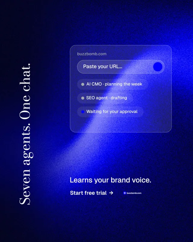 Instagram portrait post for BuzzBomb: "Seven agents. One chat." Minimal luxury style, vertical layout, dark palette in blue.