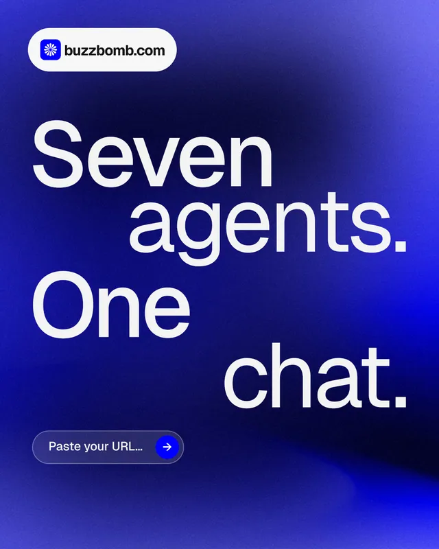 Instagram portrait post for BuzzBomb: "Seven agents. One chat." Agentic glass style, stacked layout, dark palette in blue.