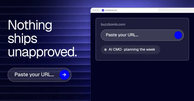 Social ad for BuzzBomb: "Nothing ships unapproved." Agentic glass style, browser layout, dark palette in blue, black.