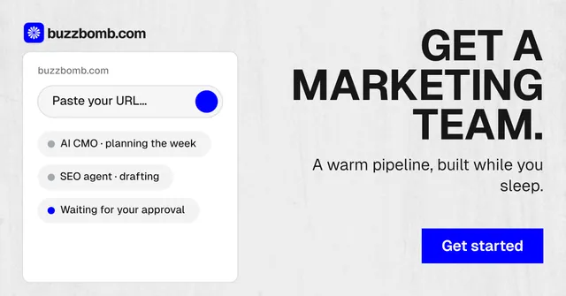 Social ad for BuzzBomb: "Get a marketing team." Swiss style, right layout, light palette in white, blue.