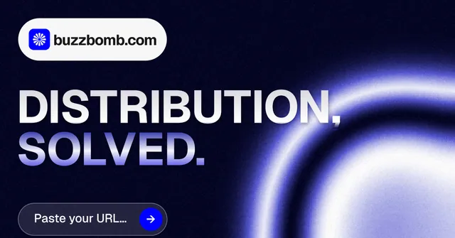 Social ad for BuzzBomb: "Distribution, solved." Agentic glass style, announce layout, dark palette in black, blue.