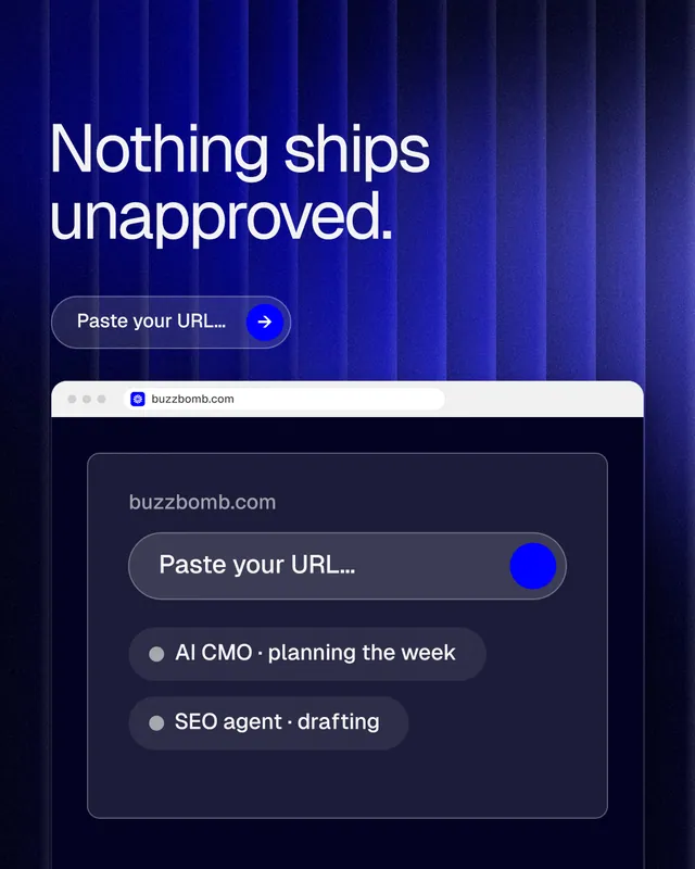 Instagram portrait post for BuzzBomb: "Nothing ships unapproved." Agentic glass style, browser layout, dark palette in blue, black, grey.