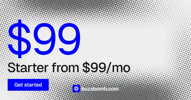 Social ad for BuzzBomb: "Get a marketing team." Split block style, stat layout, light palette in white, blue, grey.