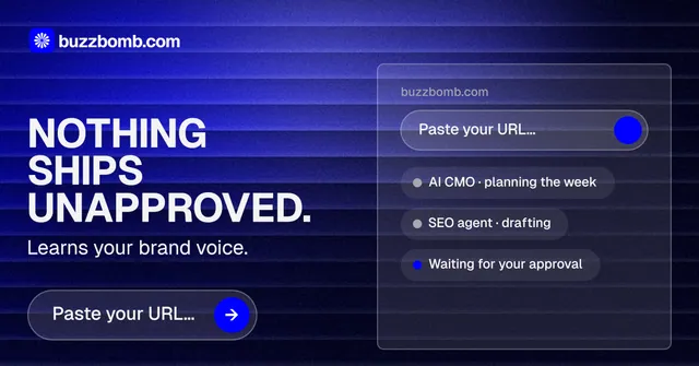 Social ad for BuzzBomb: "Nothing ships unapproved." Agentic glass style, bottom layout, dark palette in blue, black.
