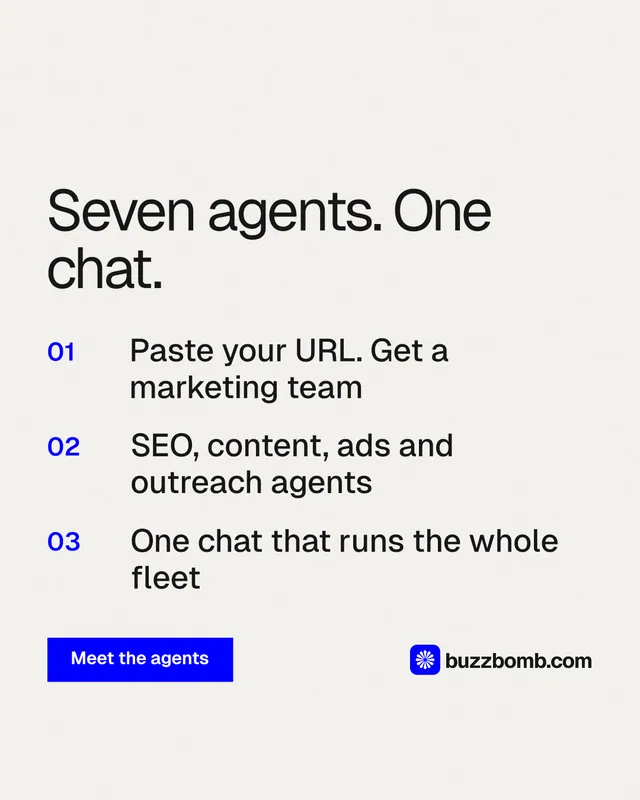 Instagram portrait post for BuzzBomb: "Seven agents. One chat." Swiss style, numbered layout, light palette in white.