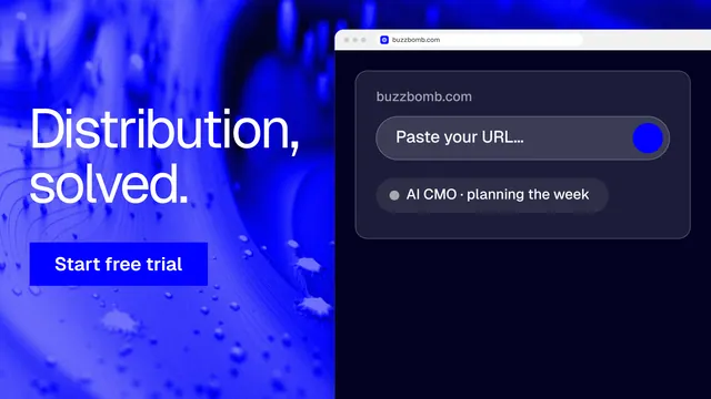 Landscape graphic for BuzzBomb: "Distribution, solved." Swiss style, browser layout, dark palette in black, blue.