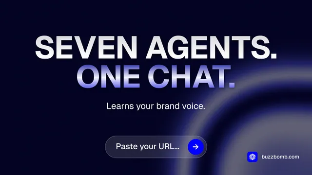 Landscape graphic for BuzzBomb: "Seven agents. One chat." Agentic glass style, centred layout, dark palette in black, grey, blue.