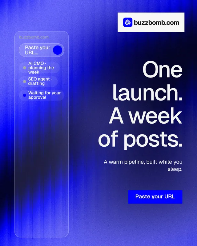Instagram portrait post for BuzzBomb: "One launch. A week of posts." Swiss style, right layout, dark palette in blue.
