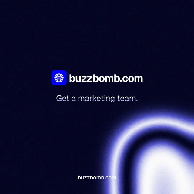 Instagram post for BuzzBomb: "Get a marketing team." Agentic glass style, end card layout, dark palette in black, blue.