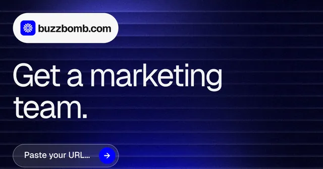 Social ad for BuzzBomb: "Get a marketing team." Agentic glass style, announce layout, dark palette in black, blue, grey.