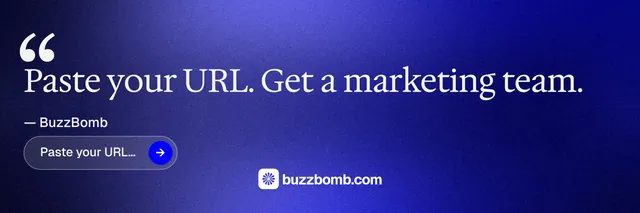 X header for BuzzBomb: "Paste your URL." Agentic glass style, quote layout, dark palette in blue.