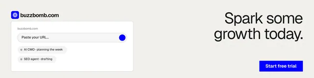LinkedIn banner for BuzzBomb: "Spark some growth today." Swiss style, right layout, light palette in white, grey.