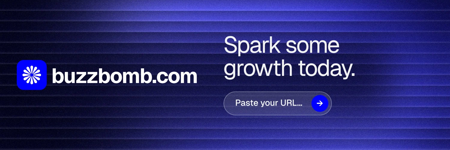 X header for BuzzBomb: "Spark some growth today." Agentic glass style, logo hero layout, dark palette in black, blue.