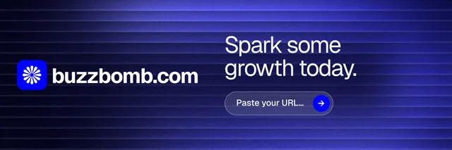 X header for BuzzBomb: "Spark some growth today." Agentic glass style, logo hero layout, dark palette in black, blue.