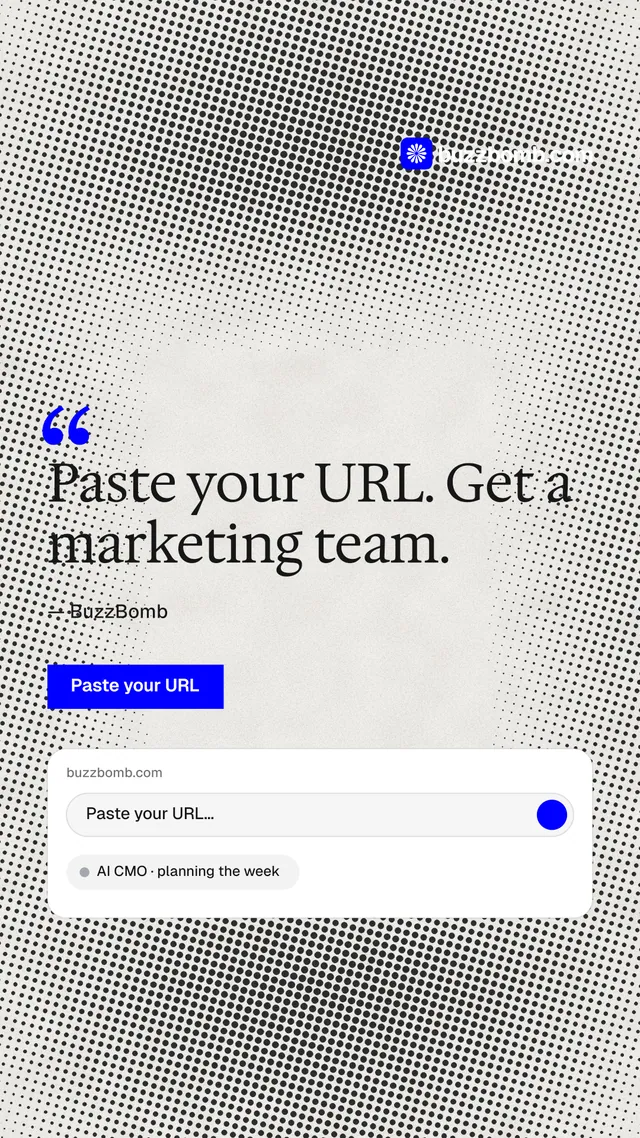 Instagram story for BuzzBomb: "Paste your URL." Swiss style, quote layout, light palette in grey, white.