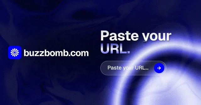 Social ad for BuzzBomb: "Paste your URL." Agentic glass style, logo hero layout, dark palette in blue, black.