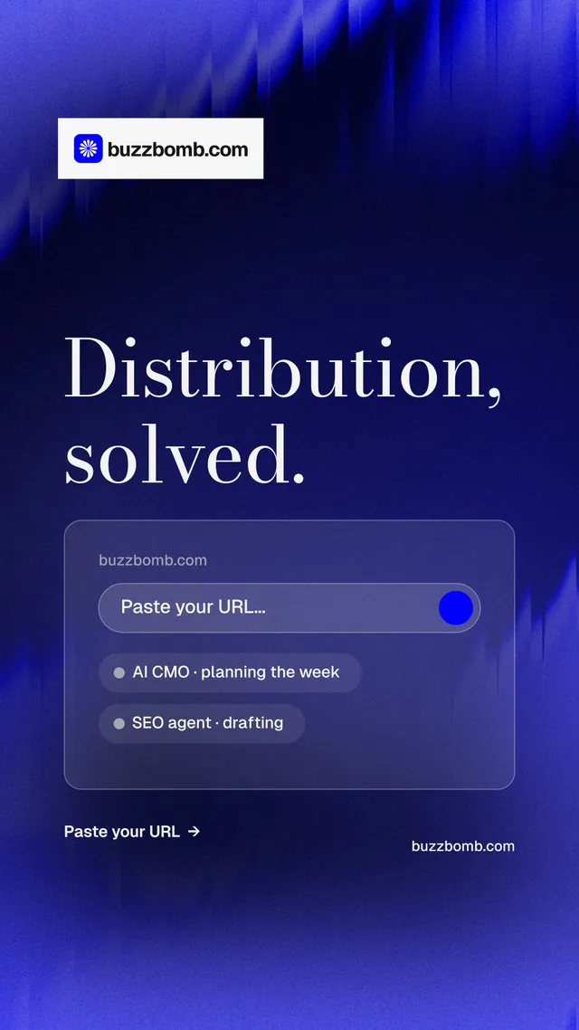 Instagram story for BuzzBomb: "Distribution, solved." Minimal luxury style, poster layout, dark palette in blue.