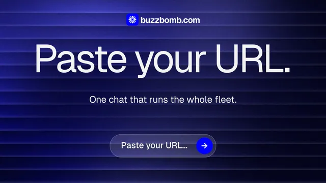 Landscape graphic for BuzzBomb: "Paste your URL." Agentic glass style, centred layout, dark palette in blue, black, grey.