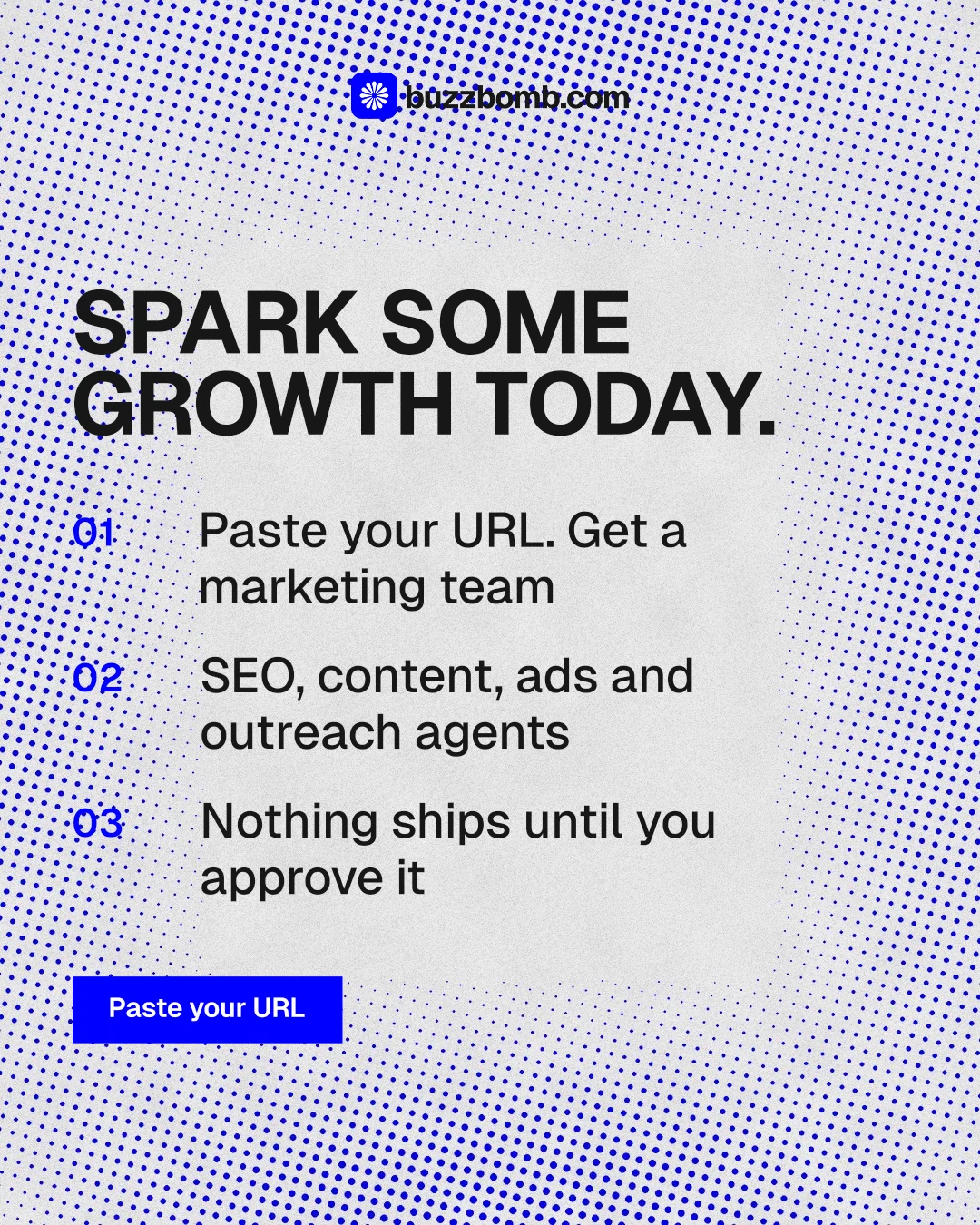 Instagram portrait post for BuzzBomb: "Spark some growth today." Swiss style, numbered layout, light palette in blue, white.