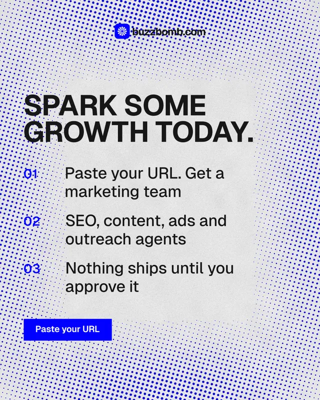 Instagram portrait post for BuzzBomb: "Spark some growth today." Swiss style, numbered layout, light palette in blue, white.
