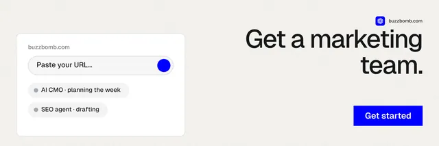 X header for BuzzBomb: "Get a marketing team." Swiss style, right layout, light palette in white.