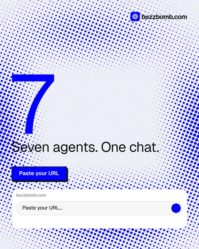 Instagram portrait post for BuzzBomb: "Paste your URL." Brutalist style, stat layout, light palette in blue, white.