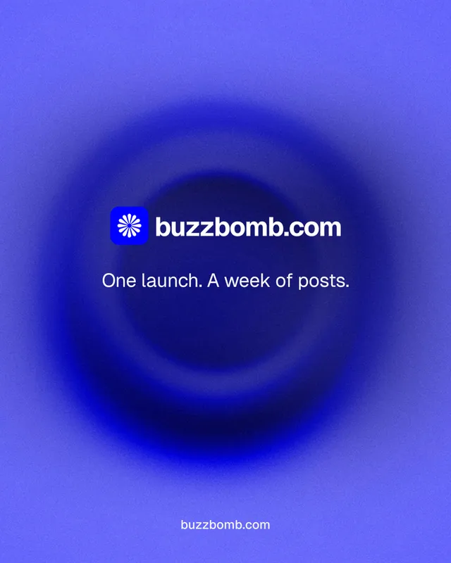 Instagram portrait post for BuzzBomb: "One launch. A week of posts." Swiss style, end card layout, dark palette in blue.