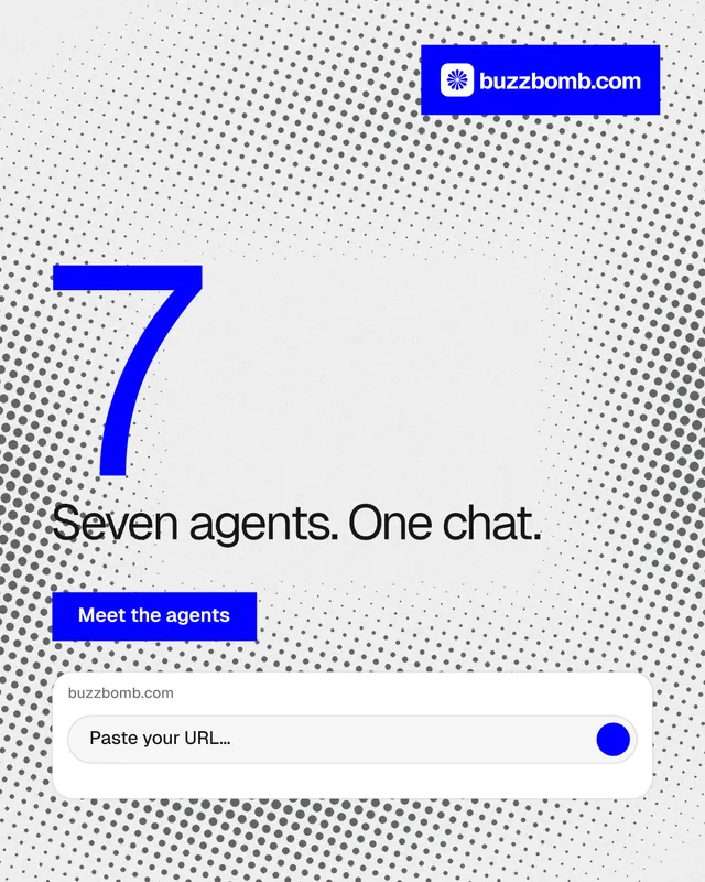 Instagram portrait post for BuzzBomb: "Nothing ships unapproved." Swiss style, stat layout, light palette in white, blue.