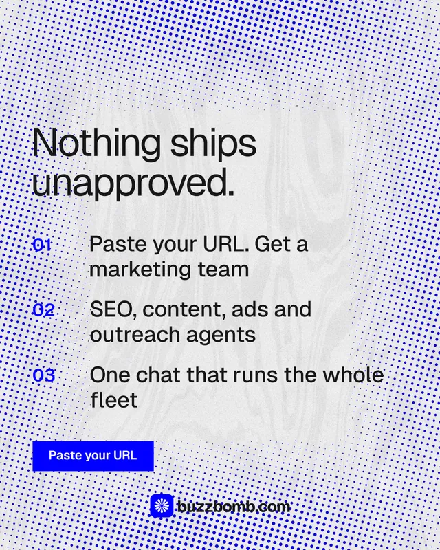 Instagram portrait post for BuzzBomb: "Nothing ships unapproved." Swiss style, numbered layout, light palette in blue, white.