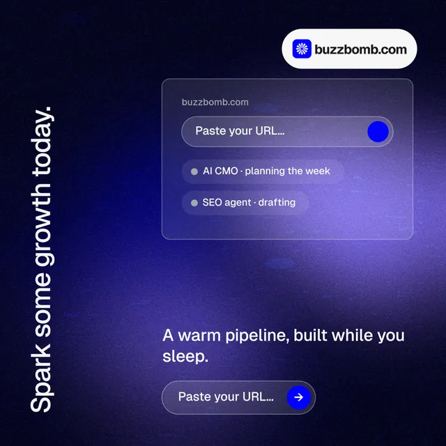 Instagram post for BuzzBomb: "Spark some growth today." Agentic glass style, vertical layout, dark palette in blue, black.
