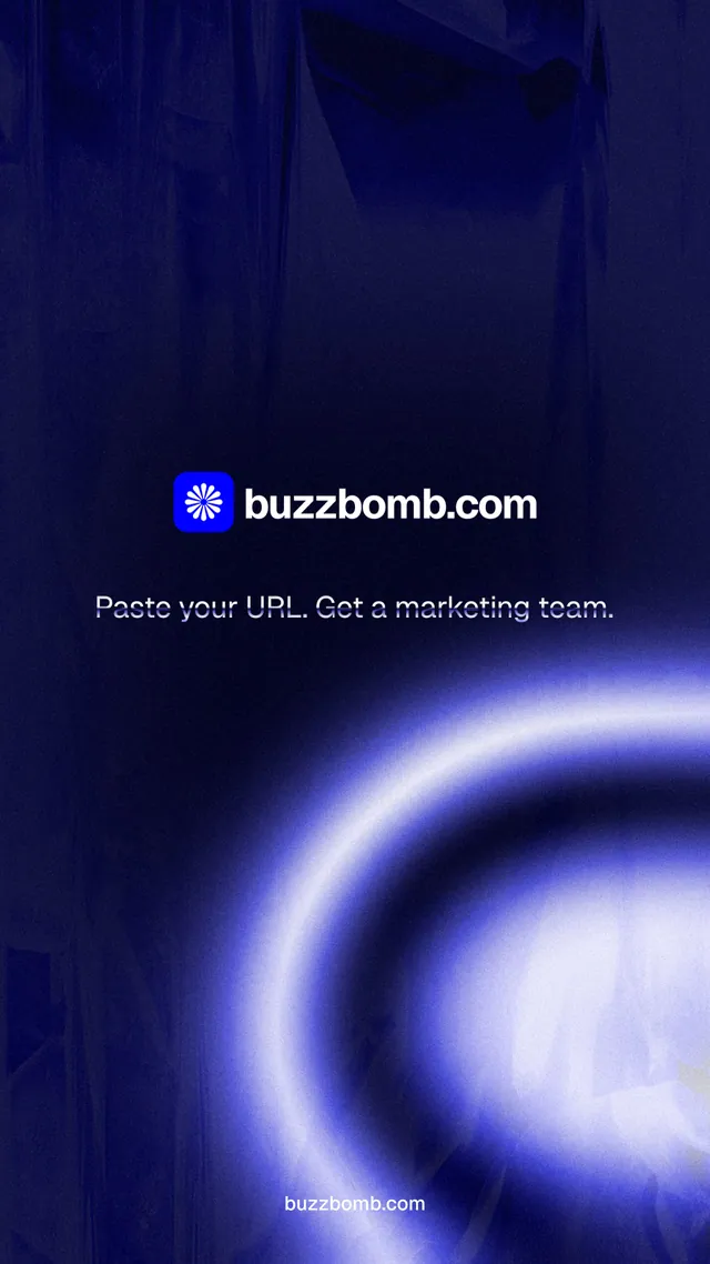 Instagram story for BuzzBomb: "Distribution, solved." Agentic glass style, end card layout, dark palette in blue, black.