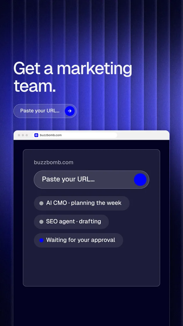 Instagram story for BuzzBomb: "Get a marketing team." Agentic glass style, browser layout, dark palette in blue, black.