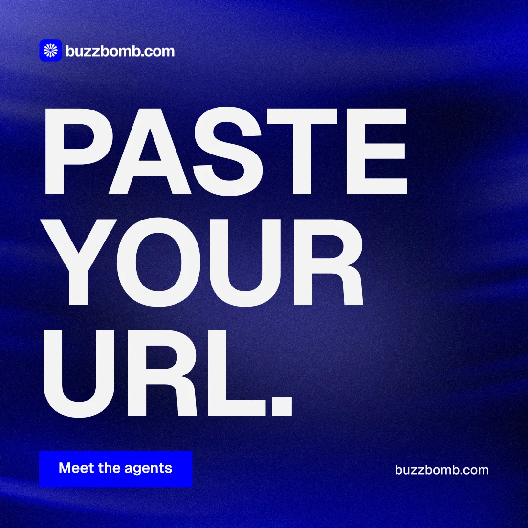 Instagram post for BuzzBomb: "Paste your URL." Swiss style, poster layout, dark palette in blue, white.