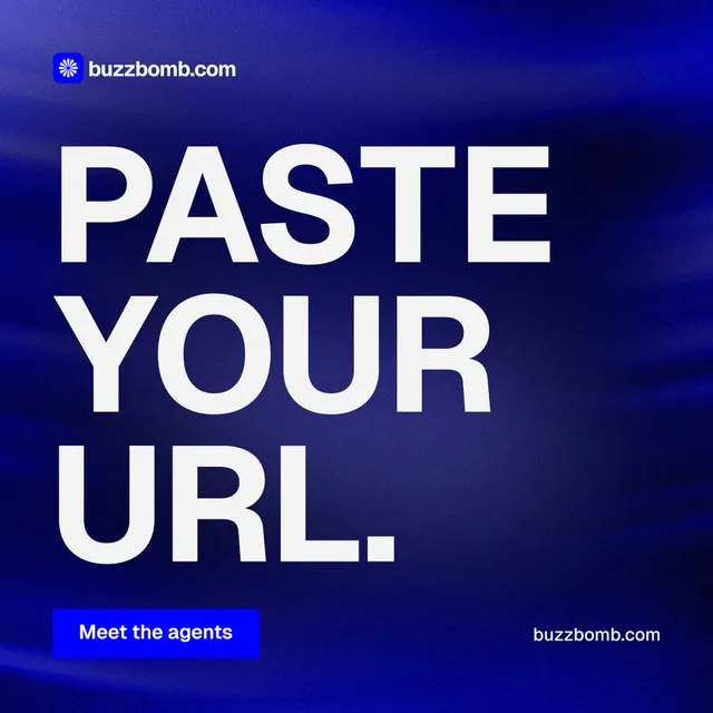 Instagram post for BuzzBomb: "Paste your URL." Swiss style, poster layout, dark palette in blue, white.