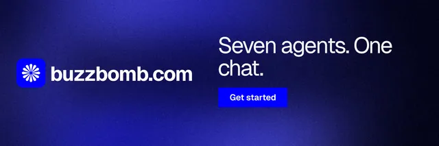 X header for BuzzBomb: "Seven agents. One chat." Swiss style, logo hero layout, dark palette in blue, black.