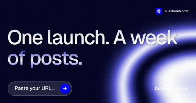 Social ad for BuzzBomb: "One launch. A week of posts." Agentic glass style, poster layout, dark palette in black, blue.