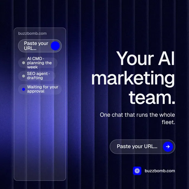 Instagram post for BuzzBomb: "Your AI marketing team." Agentic glass style, right layout, dark palette in black, blue.