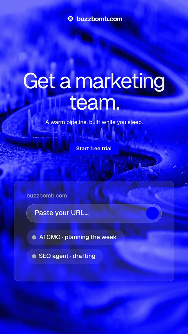 Instagram story for BuzzBomb: "Get a marketing team." Swiss style, centred layout, dark palette in blue.