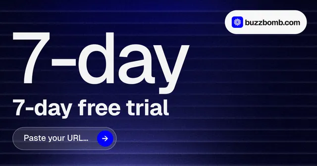 Social ad for BuzzBomb: "Spark some growth today." Agentic glass style, stat layout, dark palette in blue, black, grey.